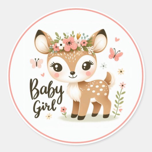 Sticker Rond Bébée mignonne Fête avec papillons et fleurs (Devant)