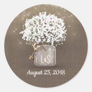 Sticker Rond Bébé's Breath Mason Jar et Rustic Burlap