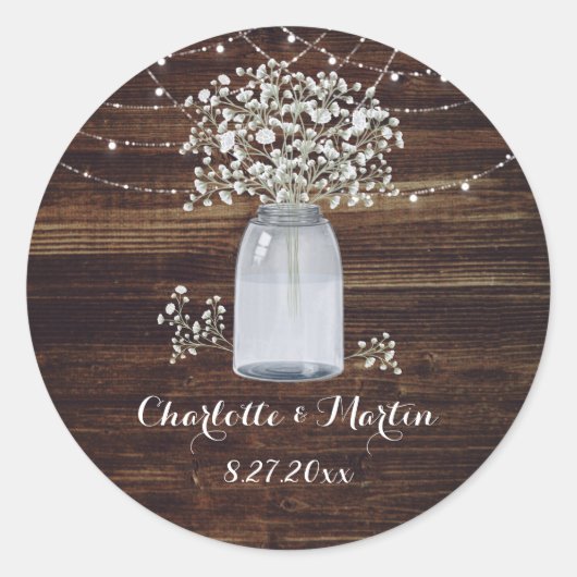 Sticker Rond Bébé's Breath Rustic Wood Mason Jar Mariage (Devant)