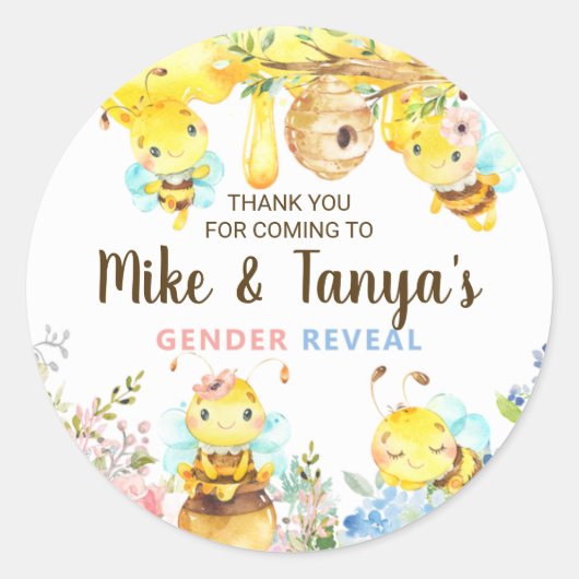 Sticker Rond Bee gender reveal thank you stickers, bumblebee. (Devant)