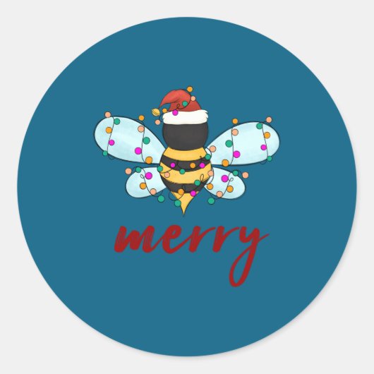 Sticker Rond Bee Merry Christmas Bee In Santa Hat Cute Merry Xm (Devant)