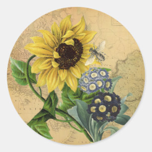 Sticker Rond Bee Sunflower Floral & Carte Vintage