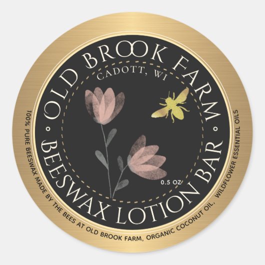Sticker Rond Beeswax Lip Balm Gold Black Flower (Devant)