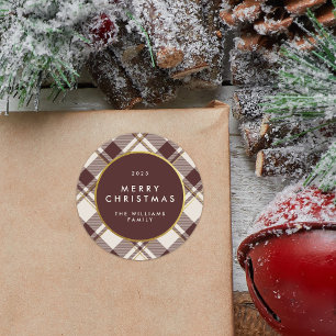 Sticker Rond Beige & Rouge Foncé Tartan Carreaux de Noël Joyeux