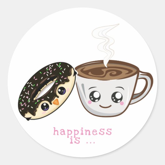 Sticker Rond beignet au chocolat kawaii et café chaud (Devant)