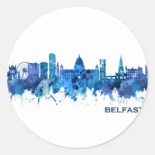 Sticker Rond Belfast Irlande du Nord Skyline Blue