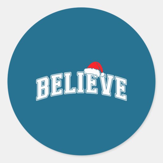 Sticker Rond Believe Christmas Varsity Text With Santa Hat Fami (Devant)