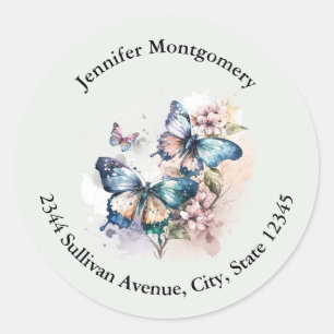 Sticker Rond Belle Adresse Papillons et Fleurs
