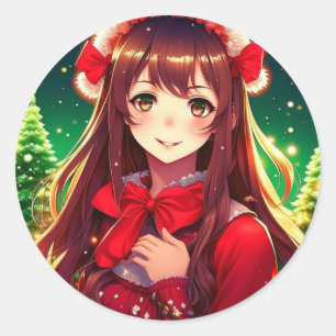 Sticker Rond Belle Anime Girl dans Festive Rouge Noël