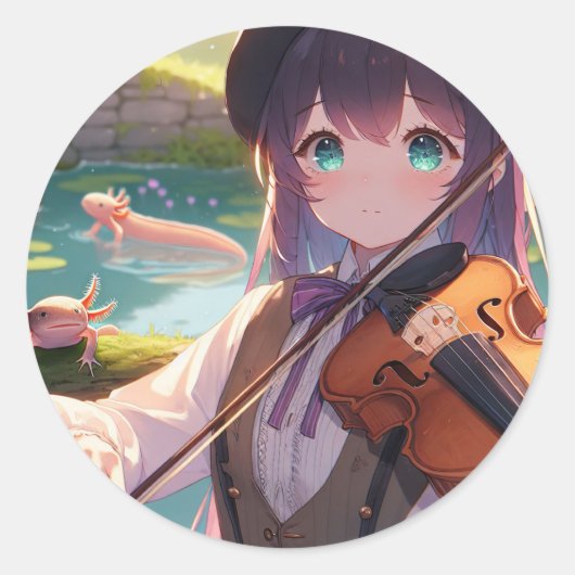 Sticker Rond Belle Anime Girl Jouant du Violon (Devant)