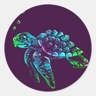 Sticker Rond Belle Art Scratchboard Sea Turtle