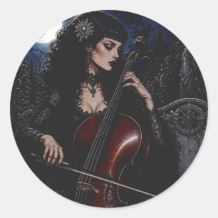 Sticker Rond Belle Beauté Gothique Jouant du Violoncelle 