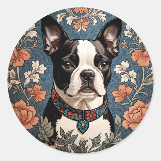 Sticker Rond Belle Boston Terrier William Morris Inspiré (Devant)