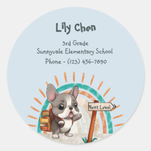 Sticker Rond Belle caricature French Bulldog Retour à l'école