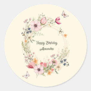 Sticker Rond Belle couronne florale et papillons Anniversaire
