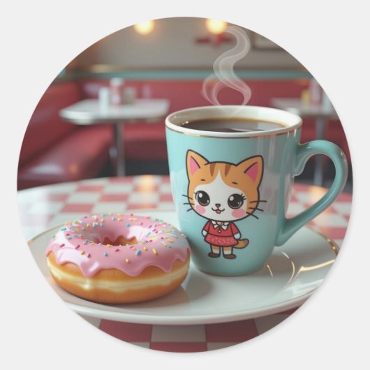 Sticker Rond Belle Donut et café au Retro Diner (Devant)