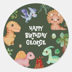 Sticker Rond Belle Enfants Green Dino fête d'anniversaire