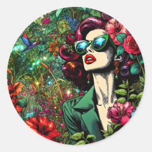 Sticker Rond Belle femme dans un jardin de fleurs