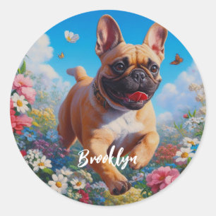 Sticker Rond Belle Fête Française Bulldog & Flowers