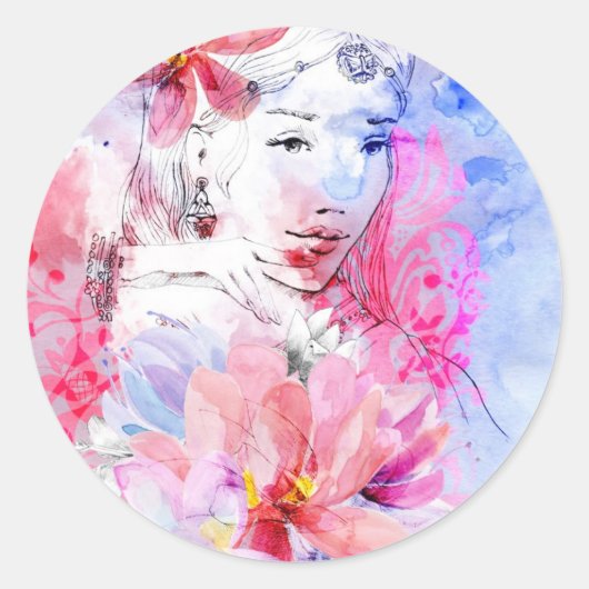 Sticker Rond Belle fille avec un bouquet de fleurs (Devant)