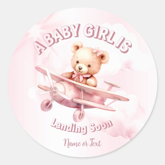 Sticker Rond Belle fille Bébé Ours Pilote Avion Rose Belle (Devant)