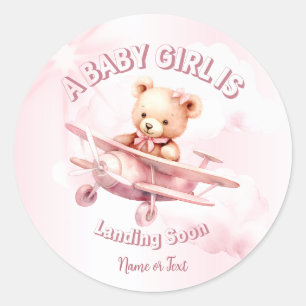 Sticker Rond Belle fille Bébé Ours Pilote Avion Rose Belle