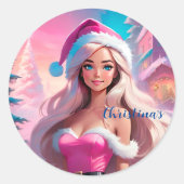 Sticker Rond Belle fille de Noël rose 01 (Devant)