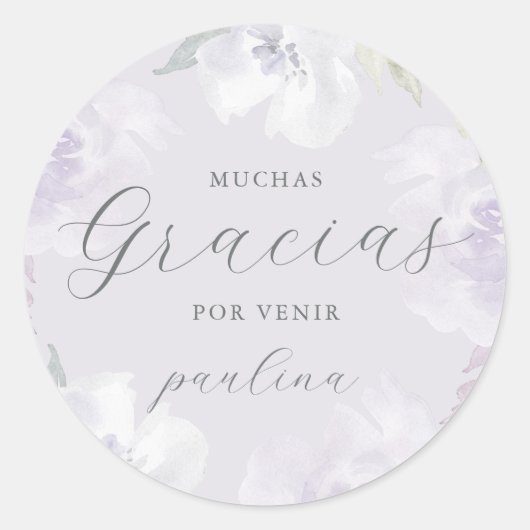 Sticker Rond Belle Florale violette Quinceañera Gracias Nom (Devant)