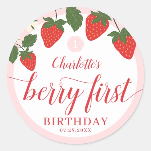 Sticker Rond Belle fraise sucrée 1er anniversaire (Devant)