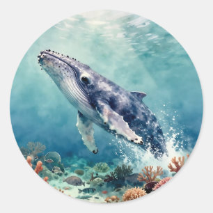 Sticker Rond Belle illustration océanique de baleine à l'impast