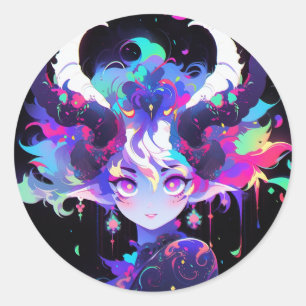 Sticker Rond Belle Neon Anime Demon Elf Girl avec cornes