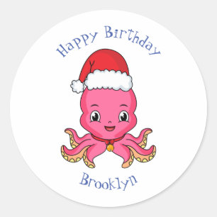 Sticker Rond Belle pieuvre joyeuse en casquette de Noël