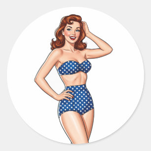 Sticker Rond Belle Pin-up rousse femme en maillot de bain bleu