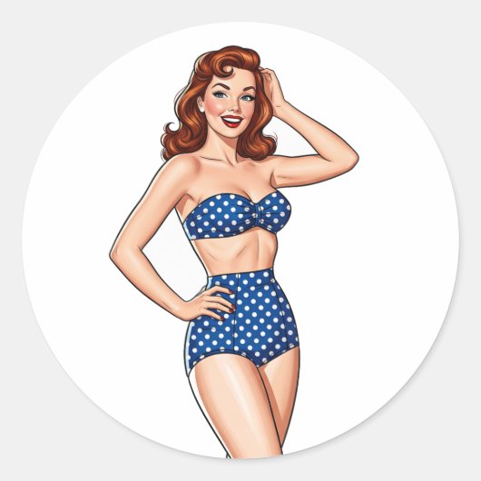 Sticker Rond Belle Pin-up rousse femme en maillot de bain bleu (Devant)
