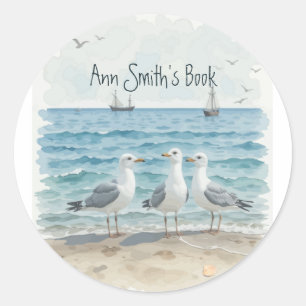 Sticker Rond Belle Plage Mouettes Plage Plate de livre océaniqu
