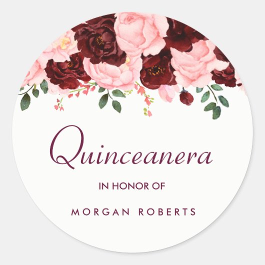 Sticker Rond Belle Quinceanera Florale rose-Bourgogne (Devant)
