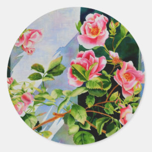 Sticker Rond Belle rose rose rouge roses blanc aquarelle floral