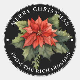 Sticker Rond Belle Rouge Poinsettia Joyeux Noël sur Noir