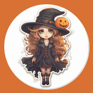 Sticker Rond Belle sorcière et Citrouille Halloween Trick ou Tr