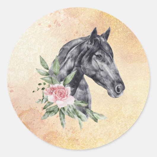 Sticker Rond Belle tête de cheval noir Portrait d'aquarelle (Devant)