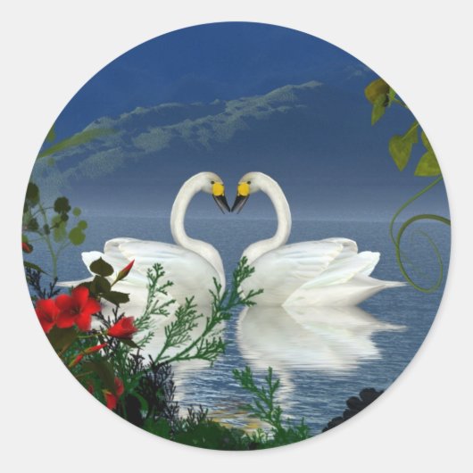 Sticker Rond Belles cygnes du coeur fleurs rouges 1 (Devant)