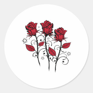 Sticker Rond Belles Roses Rouges Et Feuilles Avec Tatouage Étoi