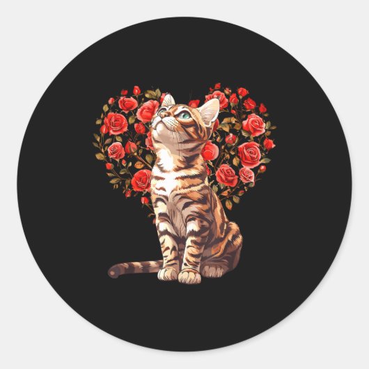 Sticker Rond Bengal Cat Valentines Day Floral Heart Design For (Devant)