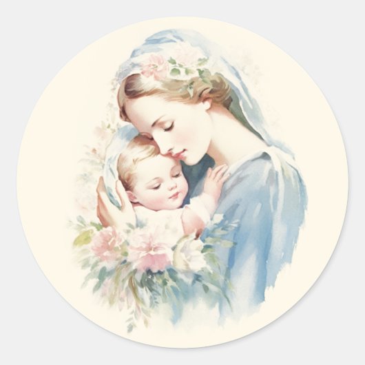 Sticker Rond Béni Mère Marie Bébé Jésus Pastel Religieux (Devant)