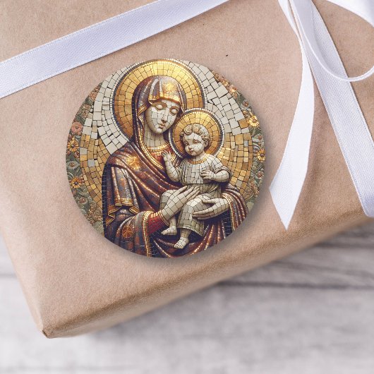 Sticker Rond Béni Mère Marie et Bébé Jésus | Noël