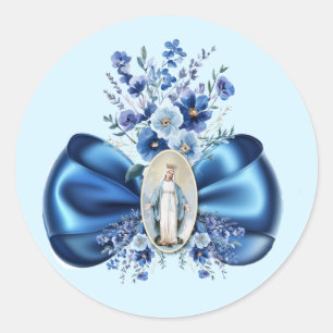Sticker Rond Bénie Bleue Mère Marie Floral Religieux Catholique