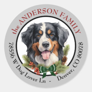 Sticker Rond Bernese Mountain Dog Noël Adresse de retour
