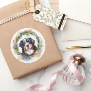 Sticker Rond Bernois Mountain Festive Wreath Pup