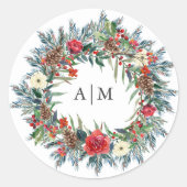 Sticker Rond Berries de Noël | Mariage de vacances Monogram (Devant)
