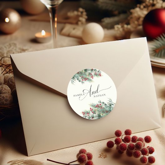 Sticker Rond Berries d'hiver et Pine Aquarelle Mariage de verdu